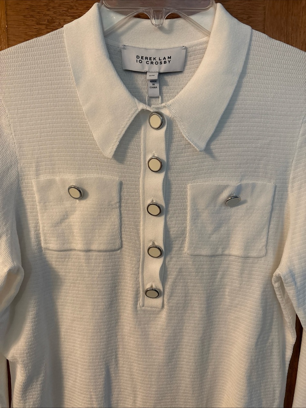 Derek Lam 10 Crosby Women’s White Knit Quarter Button-Front Shirt Front Pockets